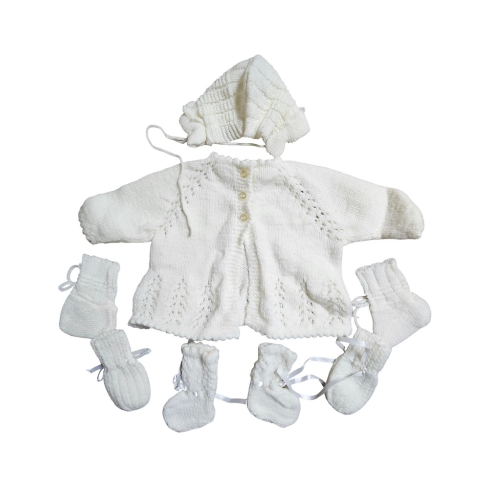 Vintage Handmade‎ Baby Knit Cardigan Bonnet Booties Mittens 5-Piece Set Kidcore